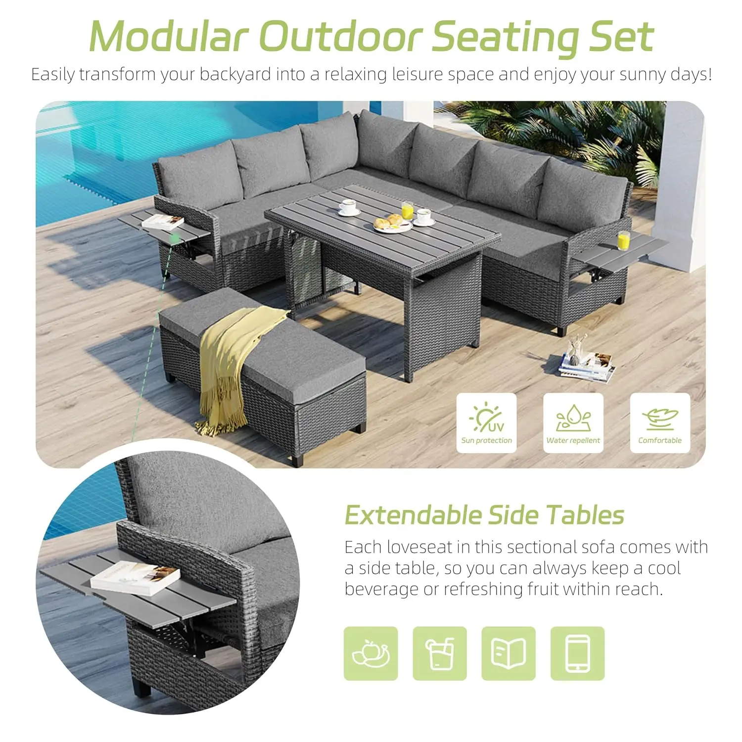 5-Piece Rattan Sofa Set PE Wicker Sectional Garden Furniture Extendable Tables Washable Cushions Backyard Poolside, Customized
