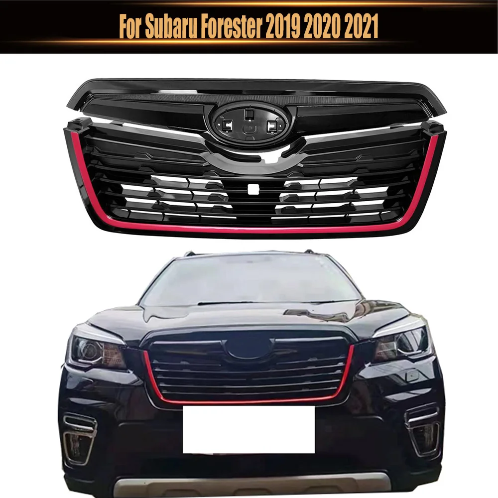 For Subaru Forester 2019 2020 2021 Upper Bumper Grille Racing Grills Abs Oem Style Front Grill Mesh Kit GLoss Black W. Red Strip