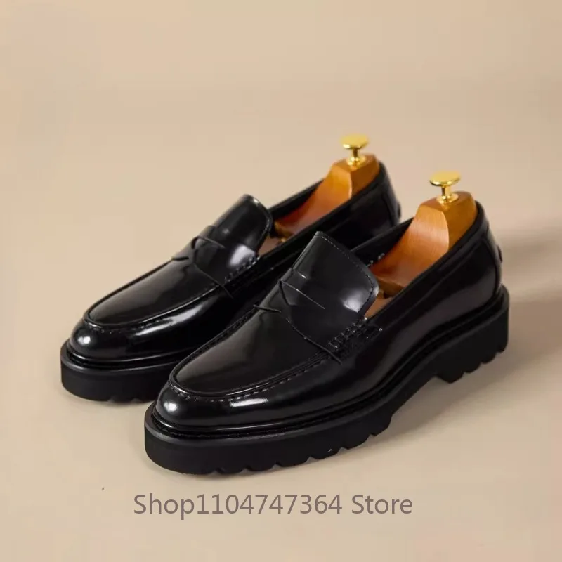

Британские мужские туфли-оксфорды из натуральной кожи для бизнеса и свадеб, лоферы на толстой подошве, кожаные туфли на платформе, черные