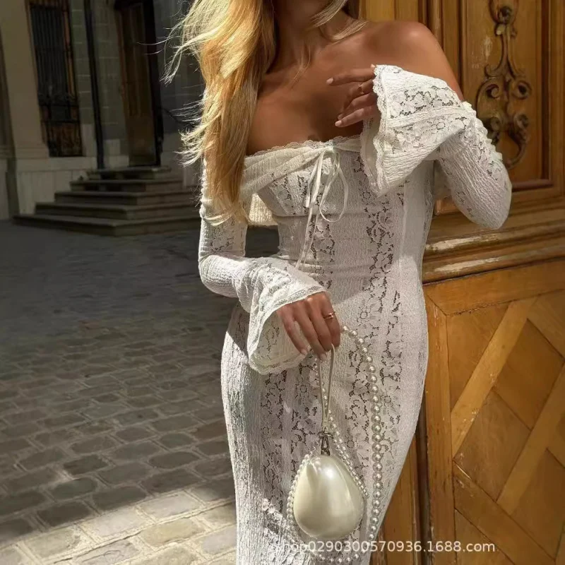

White Lace Off-Shoulder Dress Bell-Sleeve Slim-Fit Bodycon Long Dress