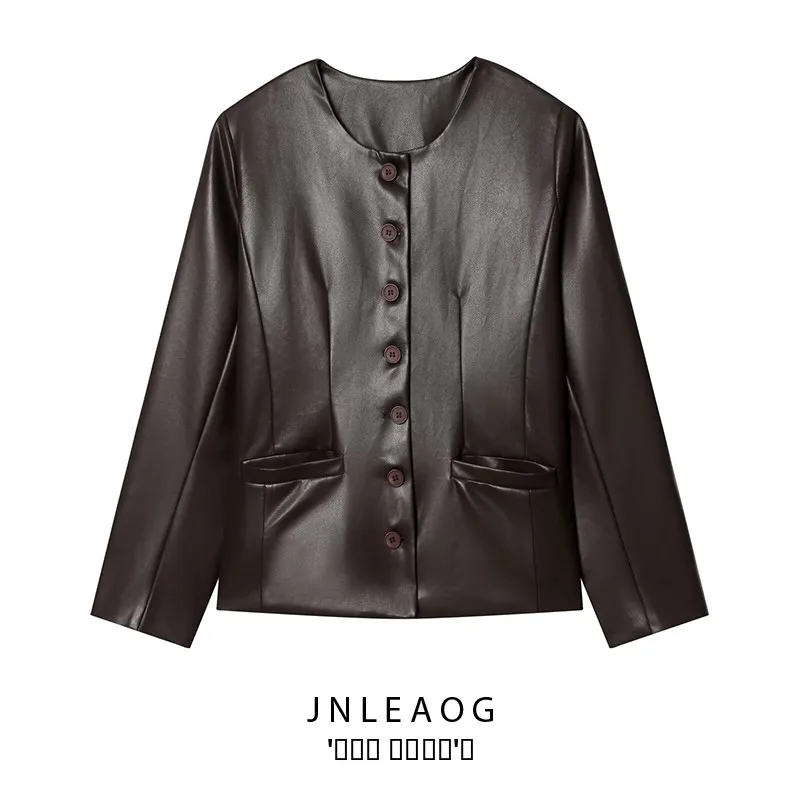 JNLEAOG 秋の新作 レディース ファッション デザインセンス溢れる レザーボタンコート 多用途 ロング丈 ポリエステル繊維 レディースジャケット