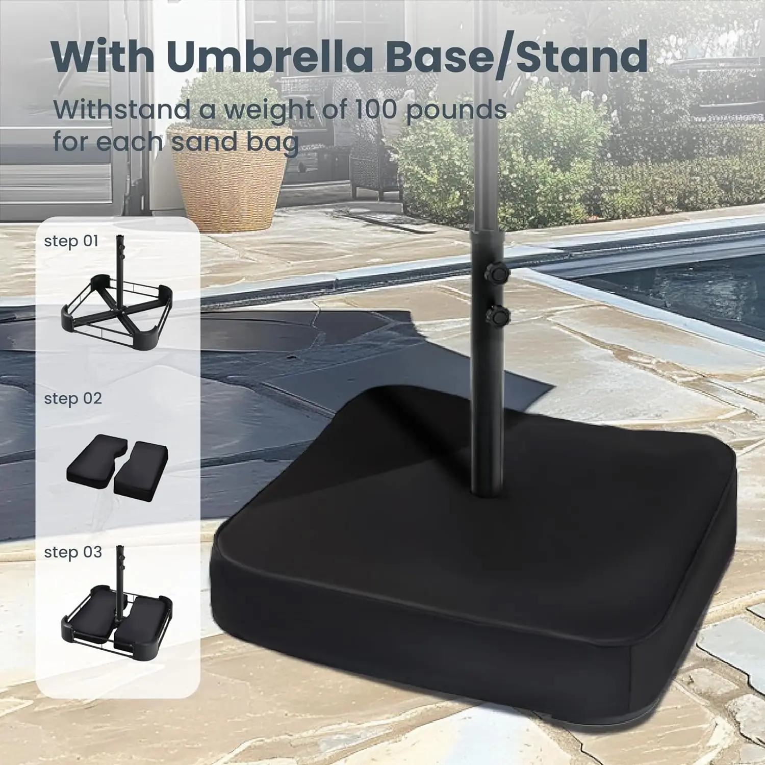 15ft Large Patio Umbrella with Base & Solar Lights, Double-Sided Outdoor Rectangle Umbrellas with 36 LED Lights, Beige