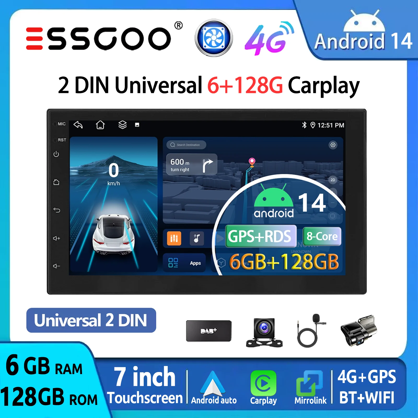 Autoradio ESSGOO Android 14 7 6+128G 2 DIN 8 Core Universale Carplay Senza Fili Android Auto GPS Navigazione AM RDS Bluetooth WIFI 4G SWC Mirror Link Lettore Multimediale Video Schermo Touch Unità