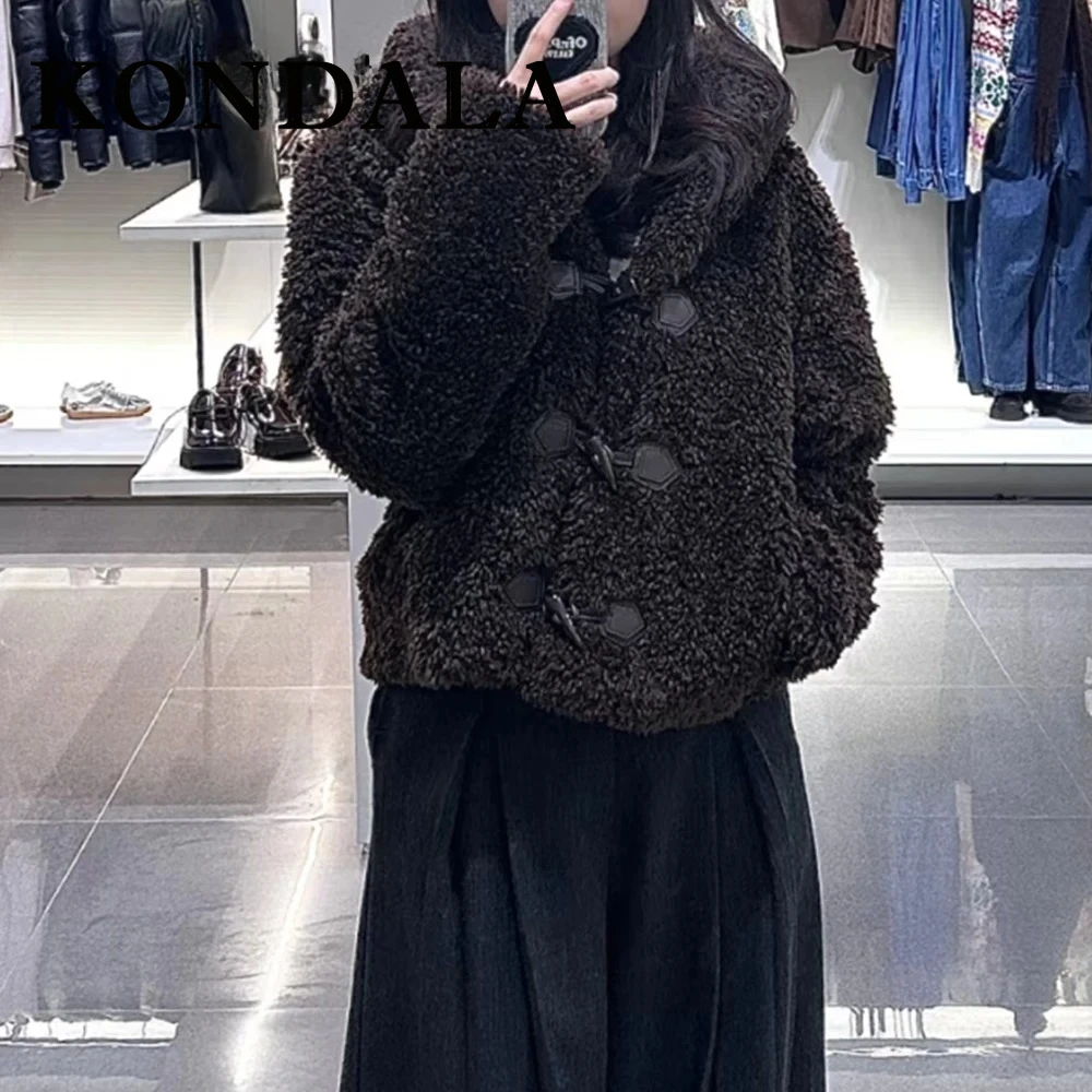 KONDALA Fashion 2025 Autumn Brown Elegant Vintage Women Coat Furry Pocket Button Hooded Jacket Casual Female Thick Outerwear