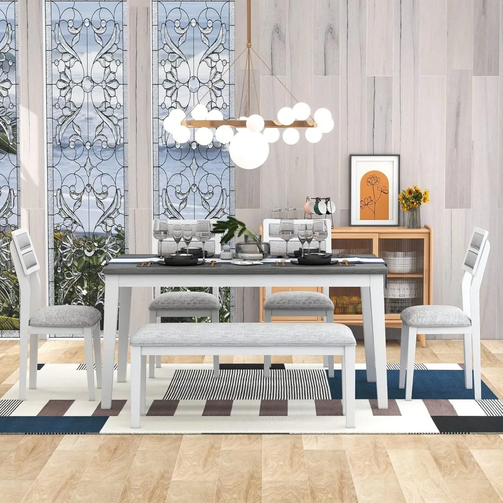 6 Piece Dining Table Set with Bench, Rectangle Dining Table with 4 Upholstered Chairs & a Bench