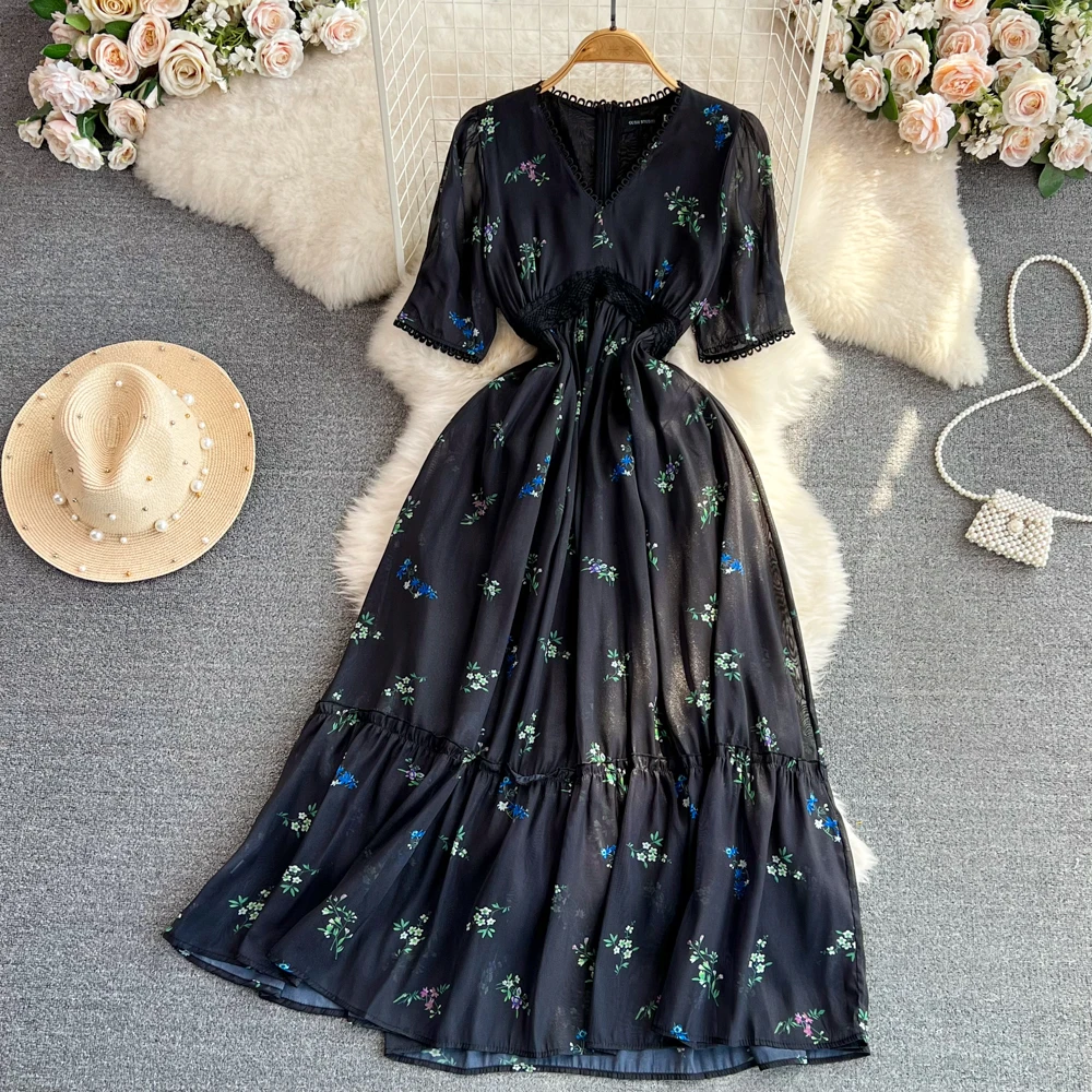 

2023 Summer Casual Korean Evening Party Dress Vintage Black Floral Midi Dress Women Short Sleeve French Elegant Beach Dresses