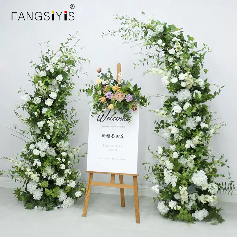 

Moon Shape Horn Arch With Greenery White Rose Flower Arrangement Wedding Backdrop Decor Props Event Party Stage Window Display