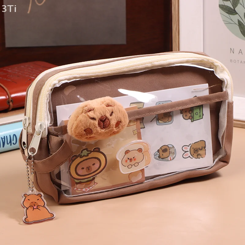 1 Set Capybara Large Capacity Multi-Layer Pencil Case Cute Clear Pencil Pouch Wide Opening Pencil Case For Kids
