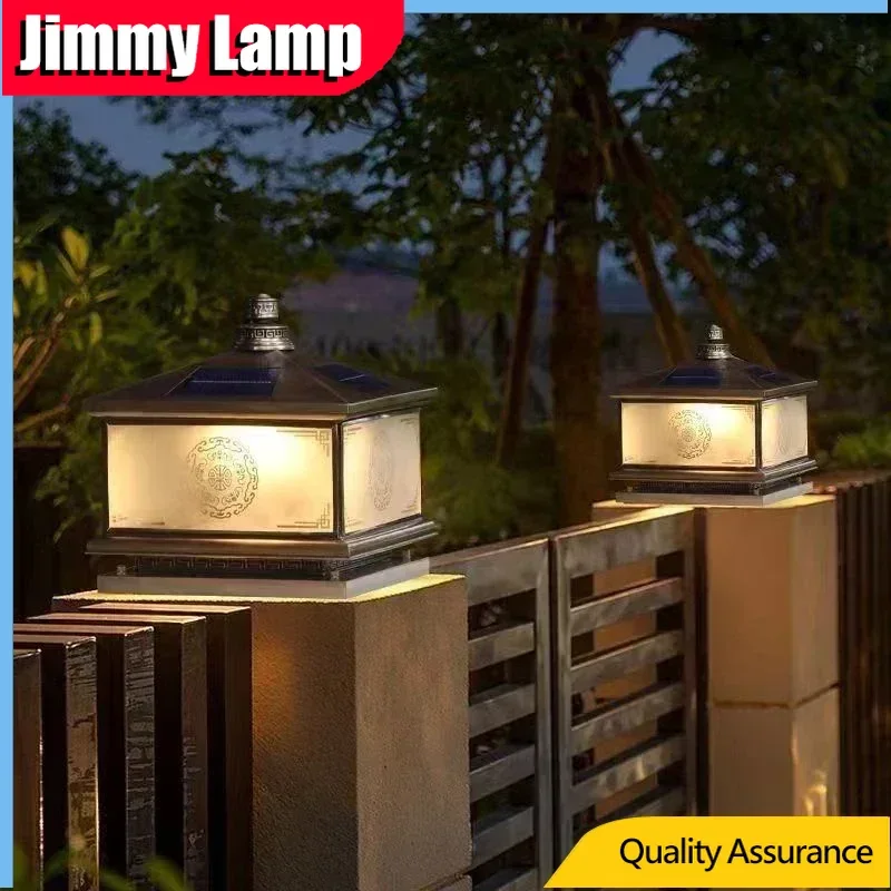 Outdoor Solar Wall Lamp Retro Chinese Brass Column Light LED Waterproof IP65 Home Villa Courtyard Entrance Post Lighting System