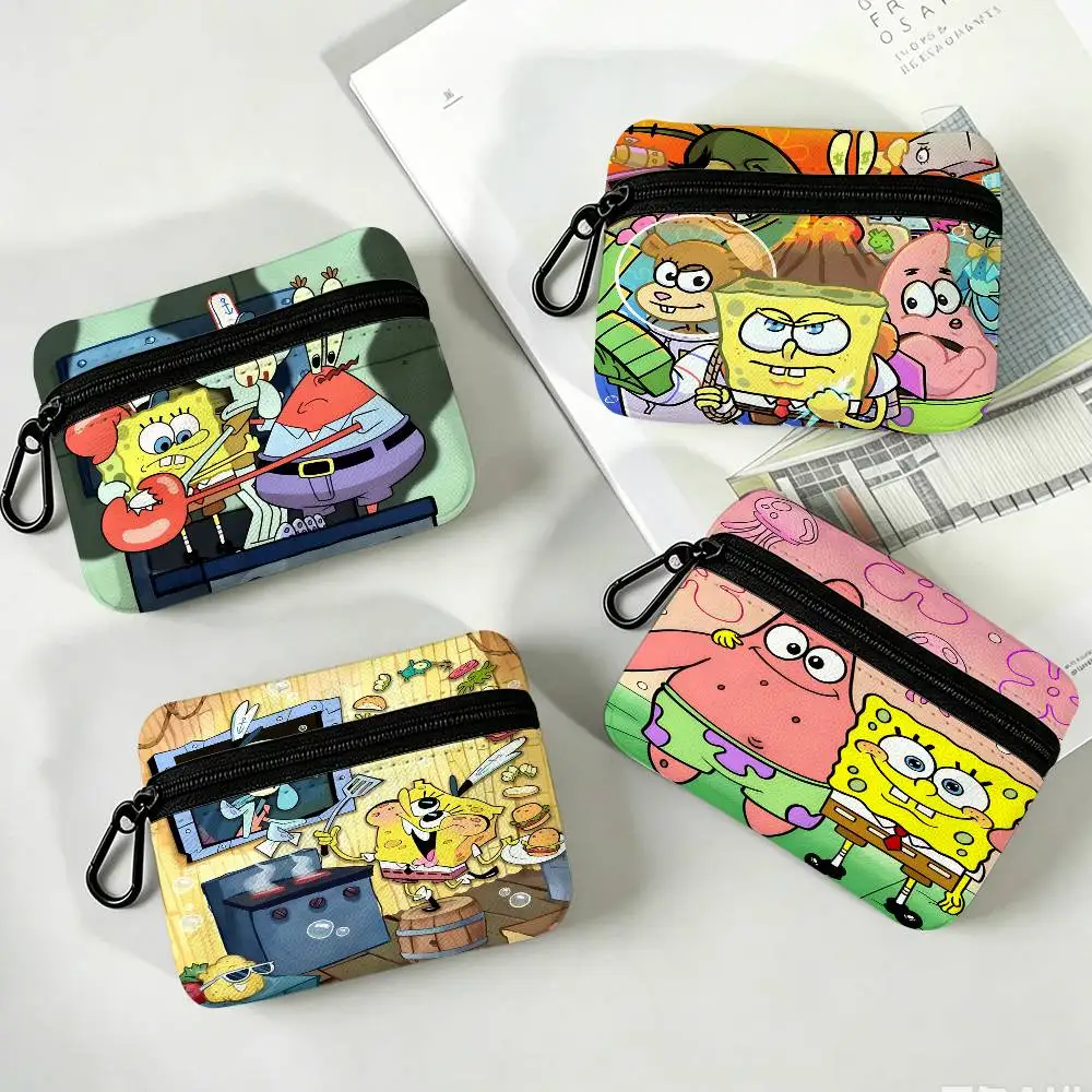 Kawaii Cartoon S-SpongebobS Portable Oxford Cloth Coin Purse Alloy Carabiner Hook Small Zipper Pouch For Backpack Belt Daily