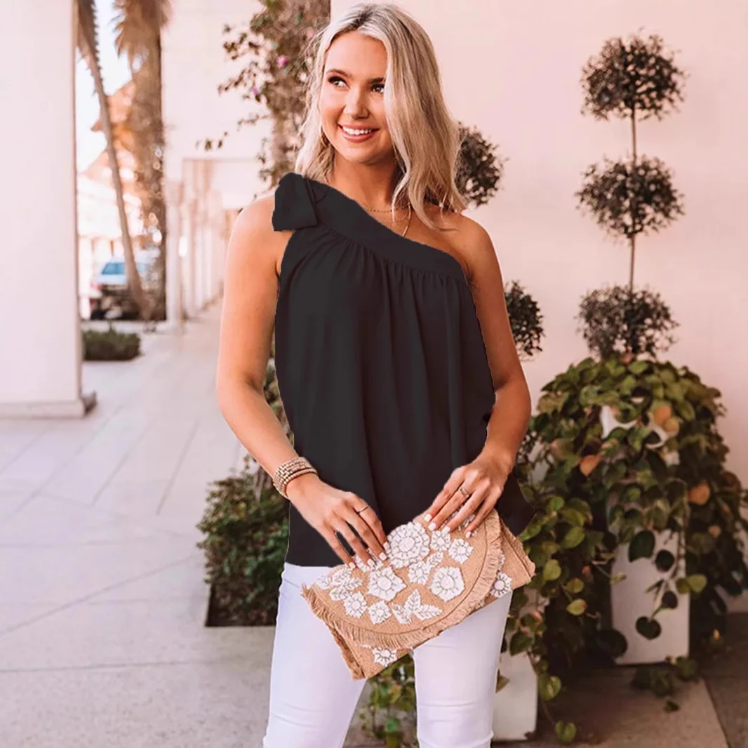 

Bow Sleevleless One Shoulder Shirt Women Fashion Bandage Folds Shirts Tops Female Casual Loose Summer Chiffon Blouses Black 2025