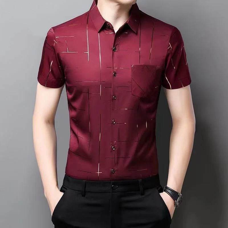 Camisa xadrez de manga curta masculina estampada, roupa masculina, camisa casual com botão gola polo, tendência do escritório de negócios, moda