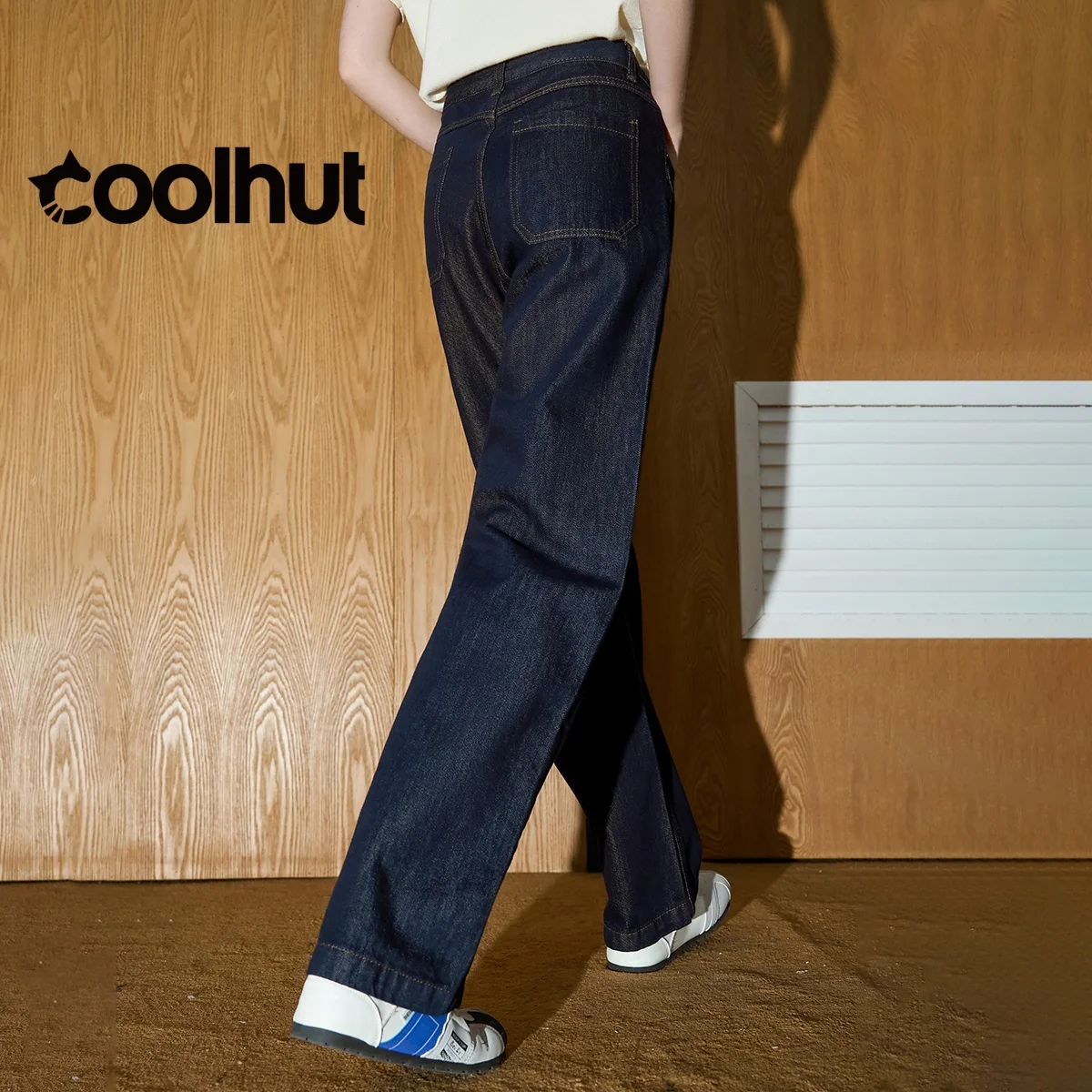 COOLHUT 2025 الخريف عالية الخصر واسعة الساق مستقيم الدينيم السراويل النساء المطبوعة منحني هيم ثنيات بنطلون جينز غير رسمي نمط الشارع