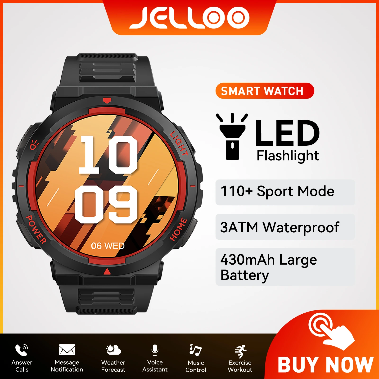 

JELLOO 2025 Smart Watch for Men with LED Flashlight 400mAh Big Battery Outdoor Tactical Smartwatch with Heart Rate Sleep Monitor