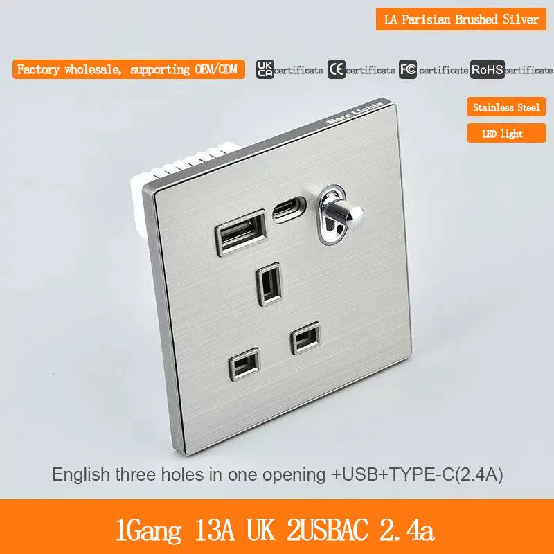 1 Gang British Style Three Pin UK Power Outlet with 2 USB Type-C Ports 2.4A Charging Stainless Steel Silver 13A