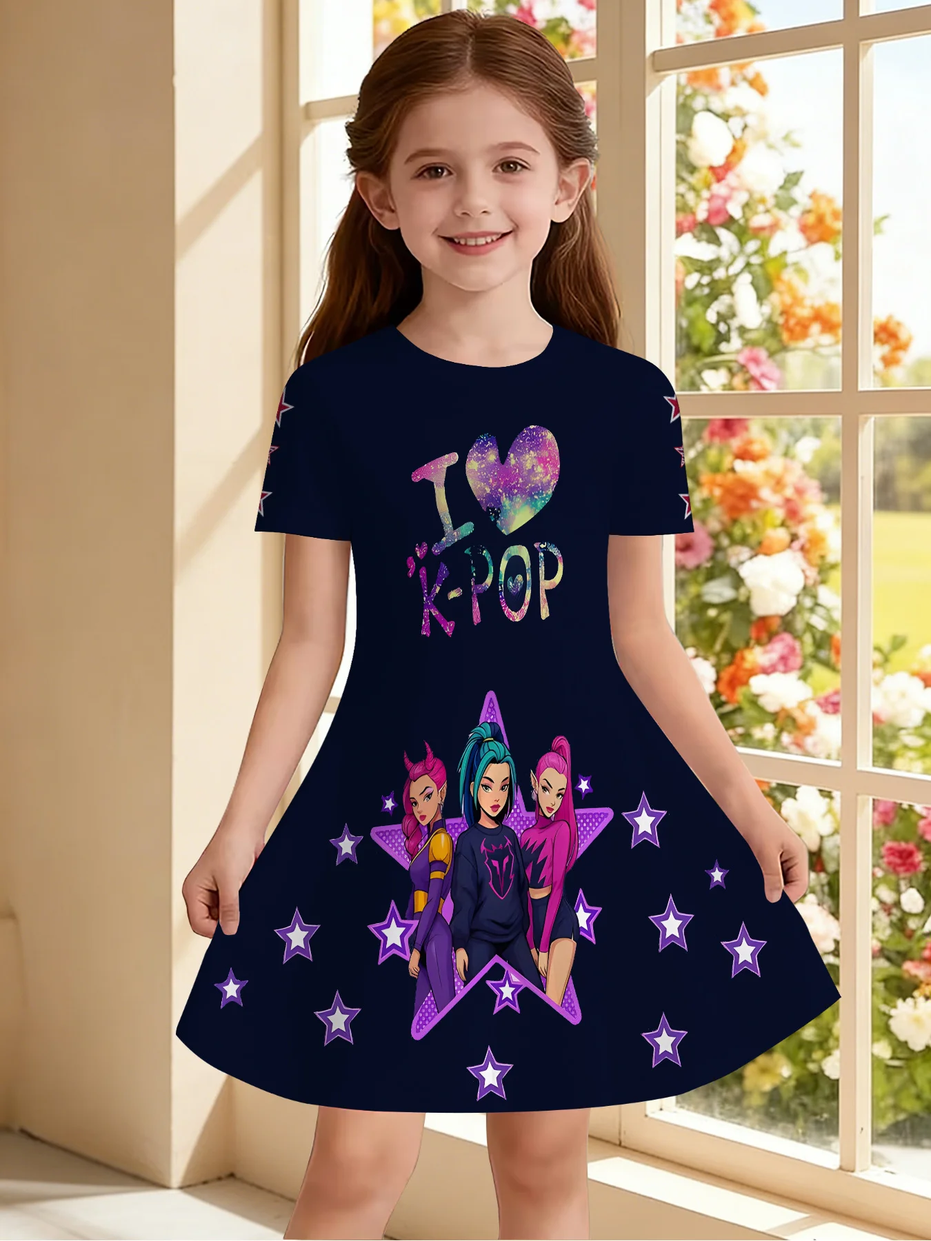 Girls Short Sleeve Dress, I Love Cartoon Girl Star Print Swing Skirt, Kids Summer Casual Birthday Party A-line Dress