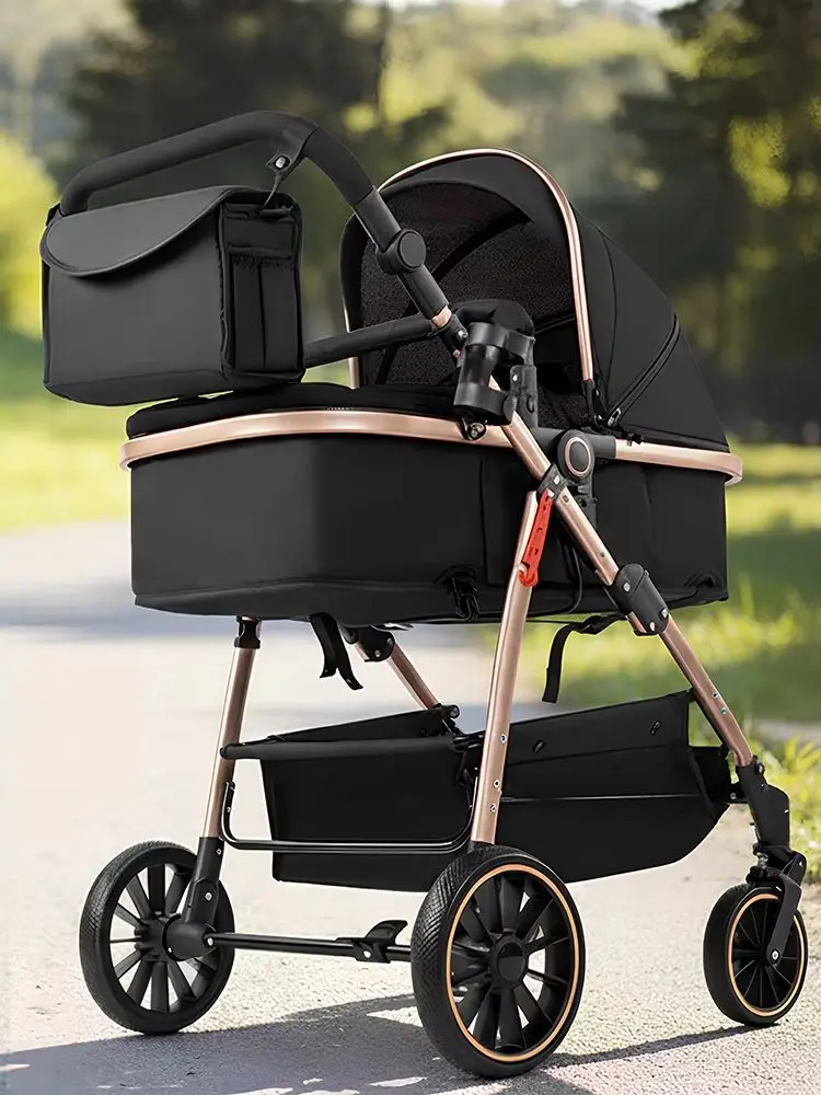 Kompakter 3-in-1-Kinderwagen für Neugeborene mit Fünfpunkt-Sicherheitsgurt, Autositz, vierrädriger Kinderwagen, faltbares, stoßdämpfendes Design, Baby-Reisesystem, geeignet für Langstreckenreisen,