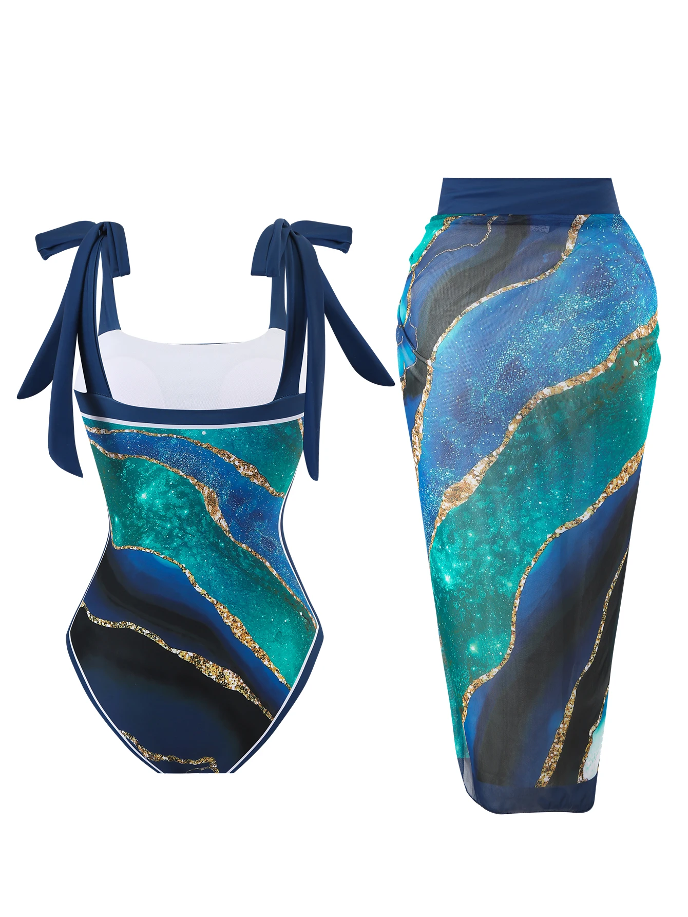 Novedad de verano, traje de baño de Bikini de una pieza con estampado Digital hecho a medida para mujer, protección solar conservadora, falda de gasa de una pieza 2-P