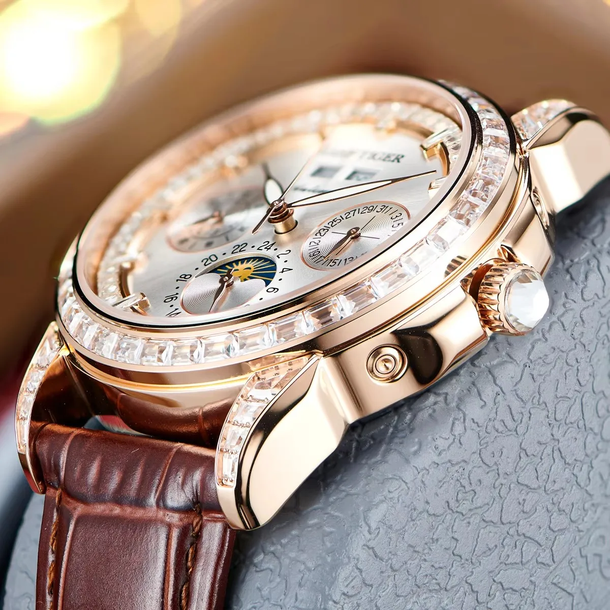 Reef Tiger/RT Fashion Rose Gold Diamonds Automatic Mechanical Watch Brown Leather Strap Multifunctional Business Men Watch