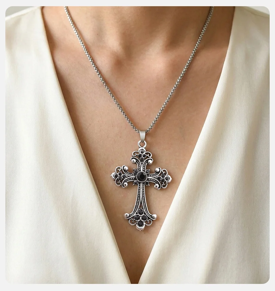 Vnox Gotische Kreuz-Anhänger-Halskette, Vintage Punk Legierung Kreuzkette, Religiöses Amulett-Schmuckgeschenk für Männer Frauen Hip-Hop-Halskette – Detail 5