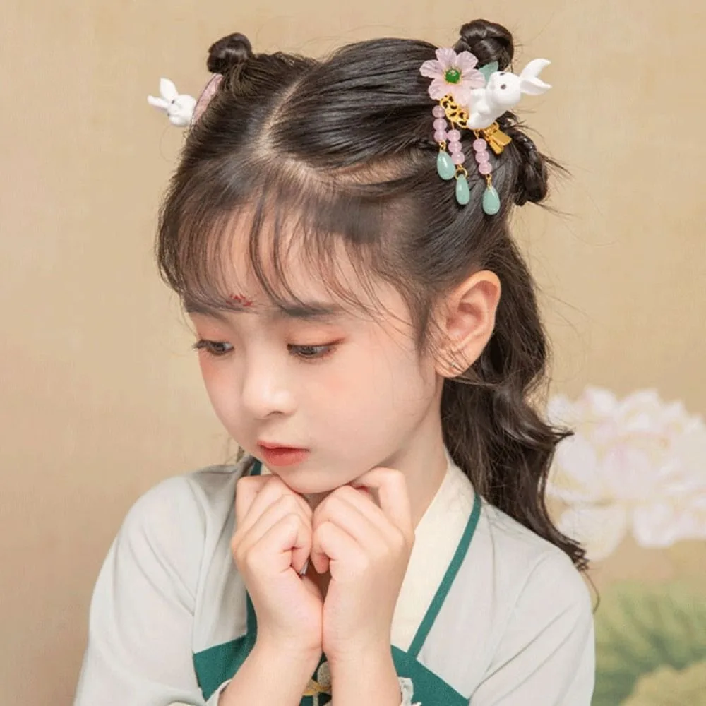 Accesorios para el cabello de princesa Hanfu para niños, pinza para el cabello con forma de conejo, horquilla de estilo chino