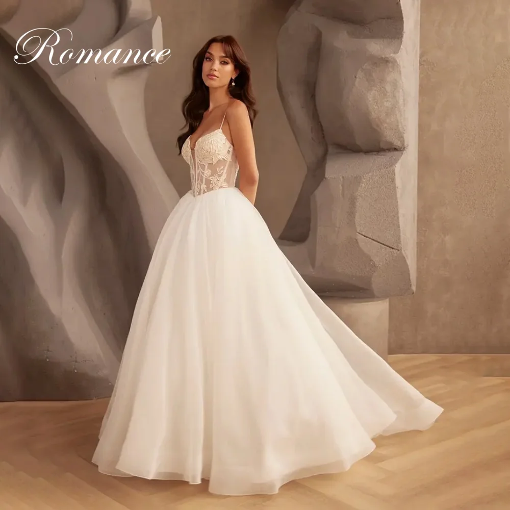 Elegante V-hals Plooi Kant A-lijn Trouwjurk Vrouwen Spaghetti Strpas Open Rug Mouwloze Knoppen Vestidos De Novia Aangepaste