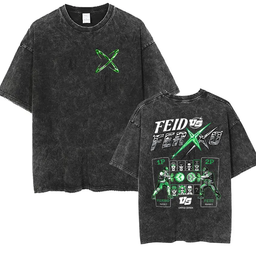 Rapper Feid VS Ferxxo Falxo Tour 2026 Vintage Washed T-shirts Men's Clothing Fashion Hip Hop T Shirt Pop Music Short Sleeve Tees
