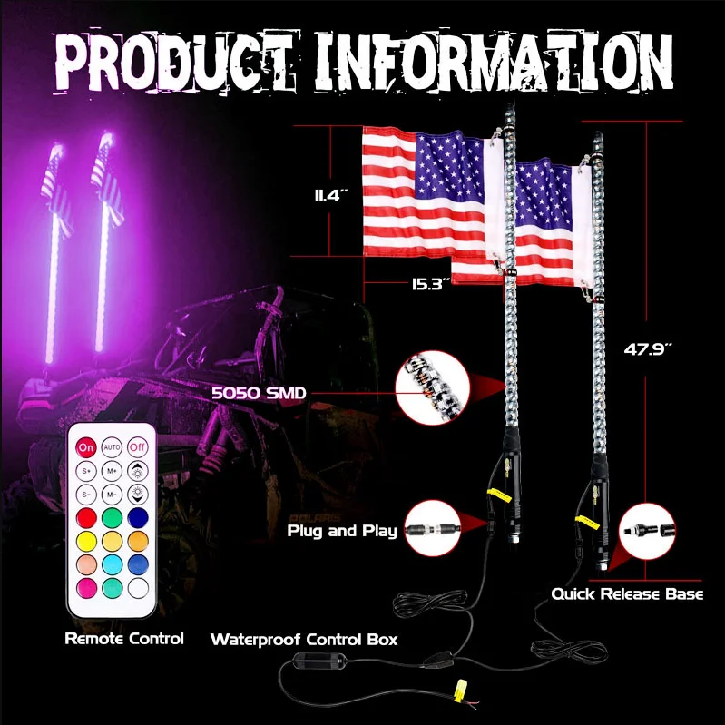 MISUN Multi Function Rgb 360 Degree Spiral Chasing Led Atv Utv Truck Light Whip Warning Light