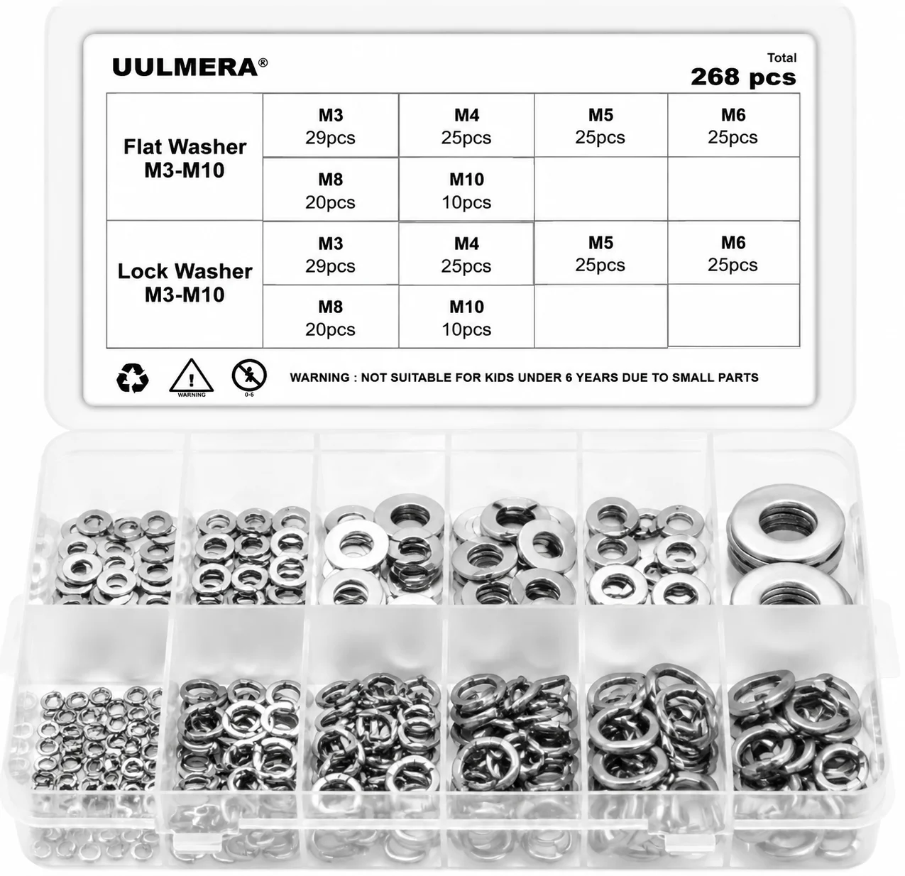 268pcs/104pcs Lock and Flat Washer Assortment Kit Stainless Steel M3 M4 M5 M6 M8 M10 Spring Lock Washers and Flat Washers Set