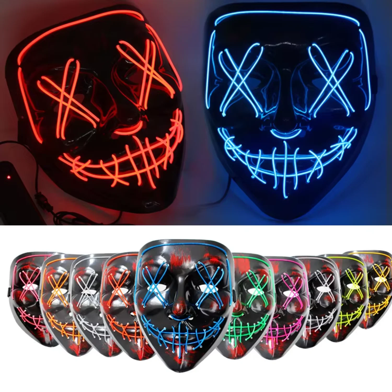 

2022 Hot sale halloween mask led glowing mask black V word with blood horror facepiece