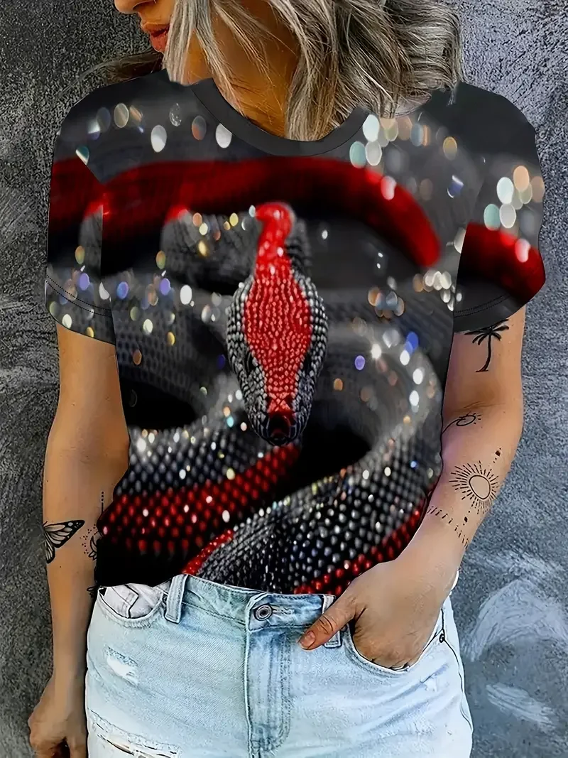 

Женская футболка больших размеров с 3D змеиным принтом и короткими рукавами, свободная и повседневная, мягкая, удобная и дышащая, для занятий спортом на открытом воздухе