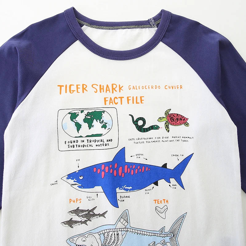 Little maven  Kids Clothes Children\'s Clothing Autumn Spring 2024 Baby Boys Cartoon Sharks Long Sleeves T-shirt Cotton Tops