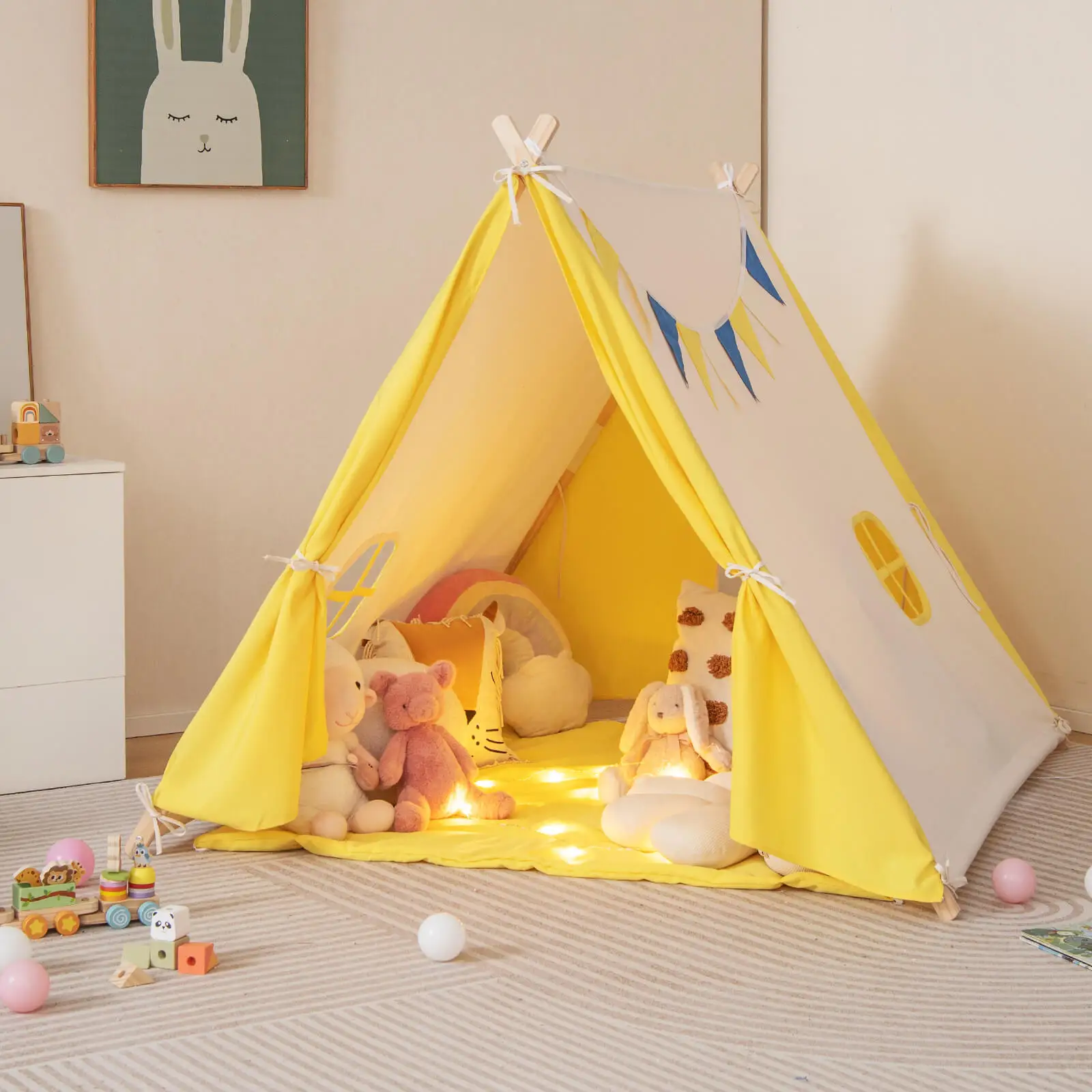 Tente de jeu pour enfants, tente triangulaire pour enfants et tout-petits avec cadre en bois massif beige