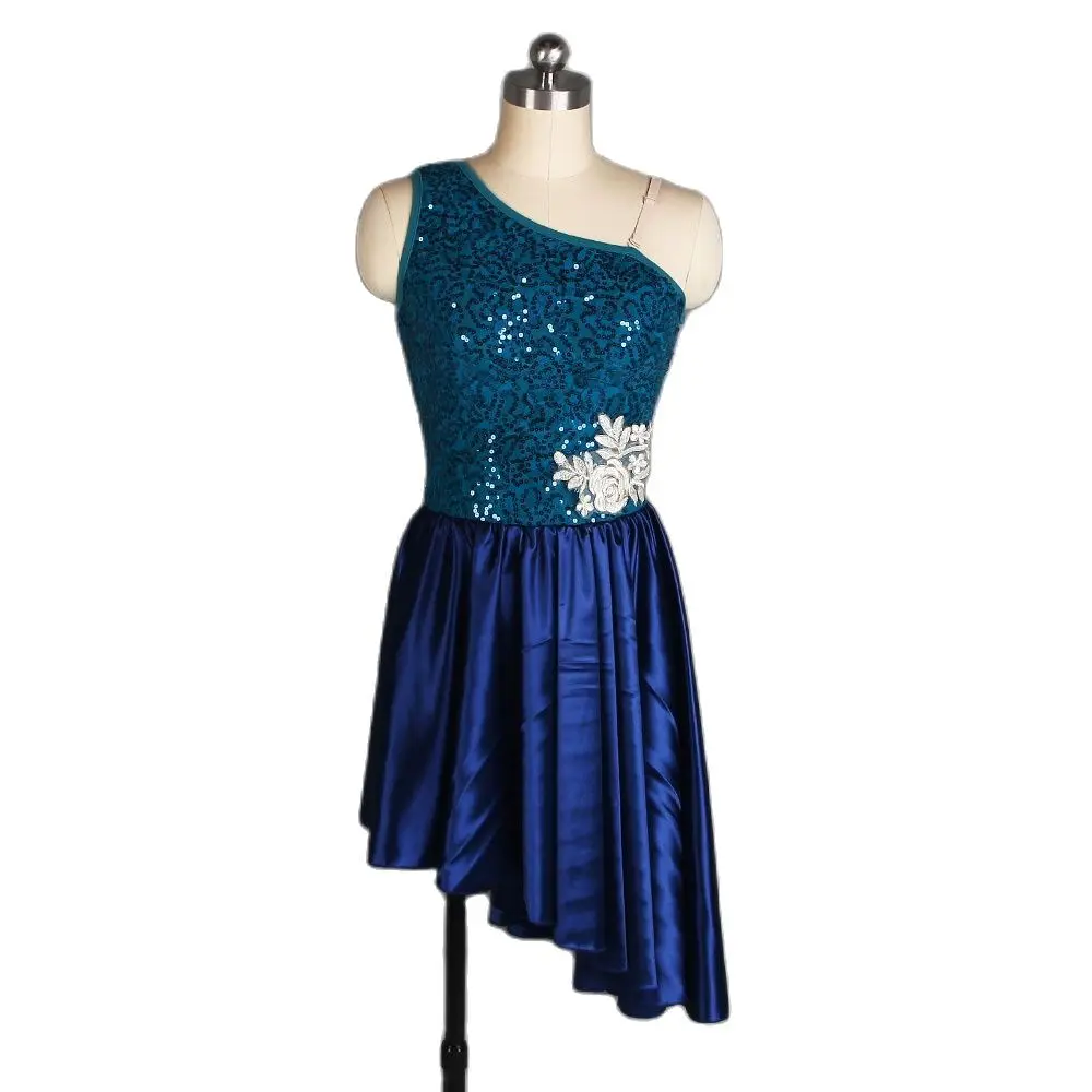 

Sequin Lace and Spandex Leotard Bodice with Blue Satin Skirt for Girls and Women Lyrical & Contemporary Dance Ballet Dress 20043