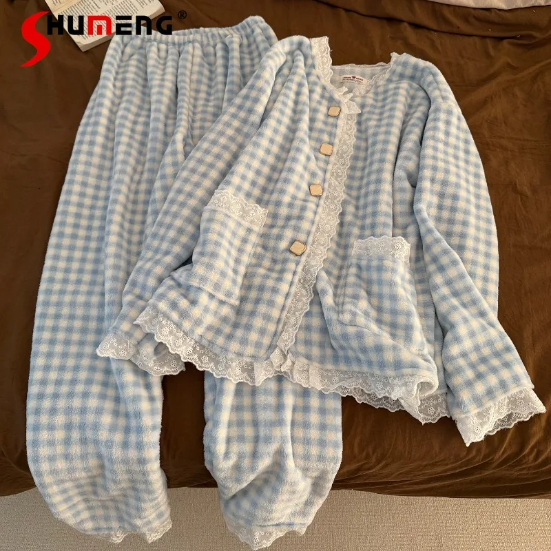 

Fleece Lace Ins Pajamas for Women New Winter Blue Plaid Warm Student Loose Homewear Female Japanese Style Underwear Set