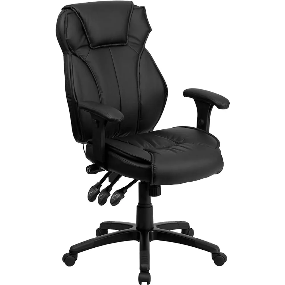 Furniture High Back Black LeatherSoft Multifunction Executive Swivel Ergonomic Office Chair with Lumbar Support Knob with Arms