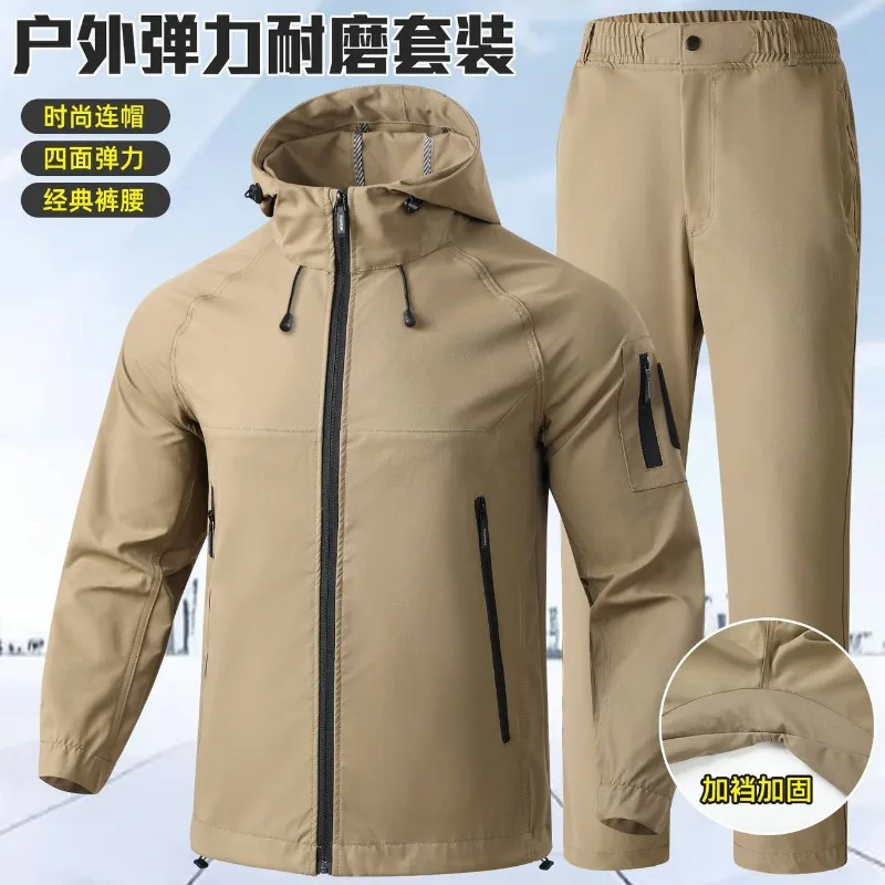 Men Spring Autumn Hooded Work Suit Windproof Breathable Wear Resistant Tactical Workwear For Hiking Cycling Outdoor Activity