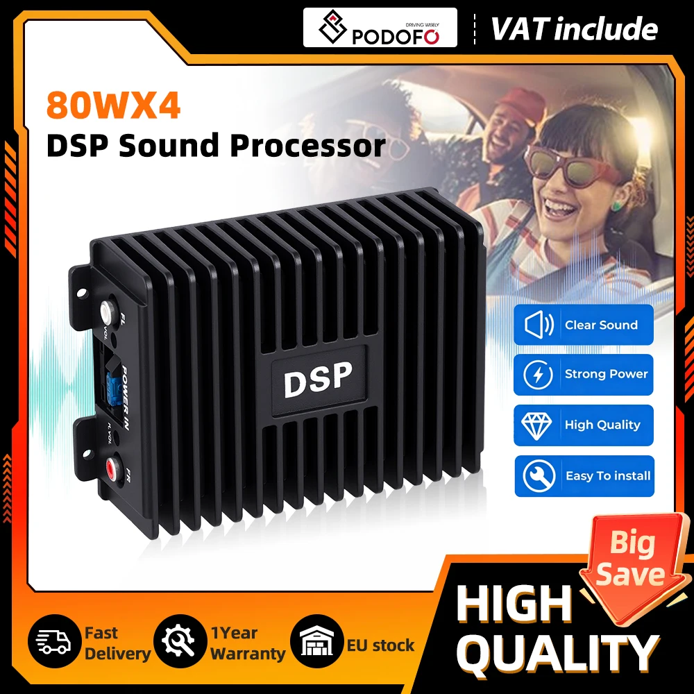 Amplificateur audio de voiture Podofo Full Range 4CH DSP, processeur de son numérique, amplificateur de puissance professionnel pour modification stéréo automobile, compatible avec l'autoradio Android pour l'optimisation et la mise à niveau de l'audio intérieur de la voiture.
