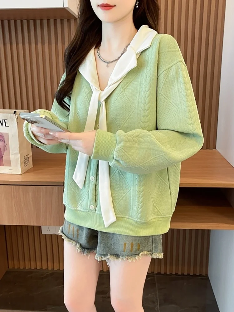 Retro Minimalist French Lapel Sweet Solid Color Fashion Embossed Gentle Fresh Green Elegant Spring Autumn Comfortable Pullover