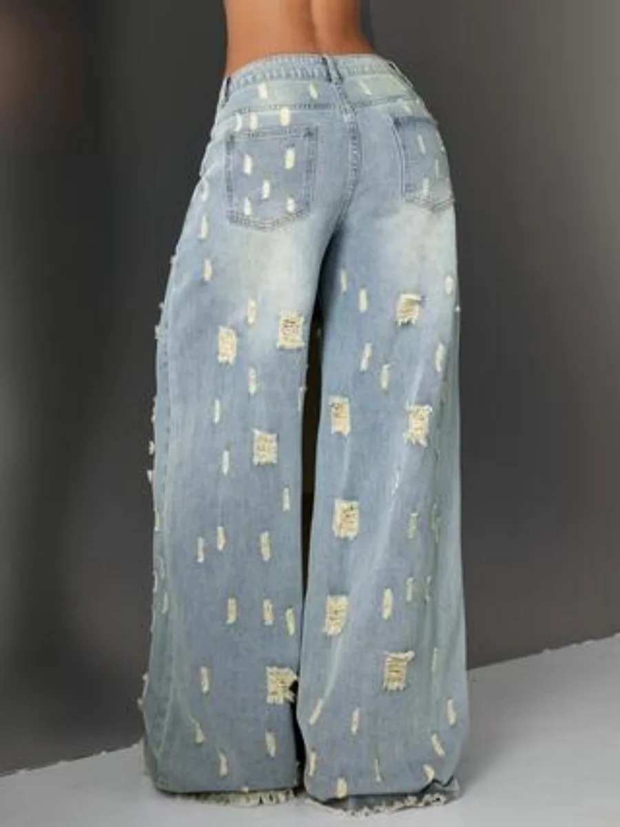 กางเกงยีนส์ทรงตรงขากว้างเอวสูงสไตล์วินเทจอเมริกันสำหรับผู้หญิง ช่วยให้ดูผอมเพรียวและใช้งานได้หลากหลาย