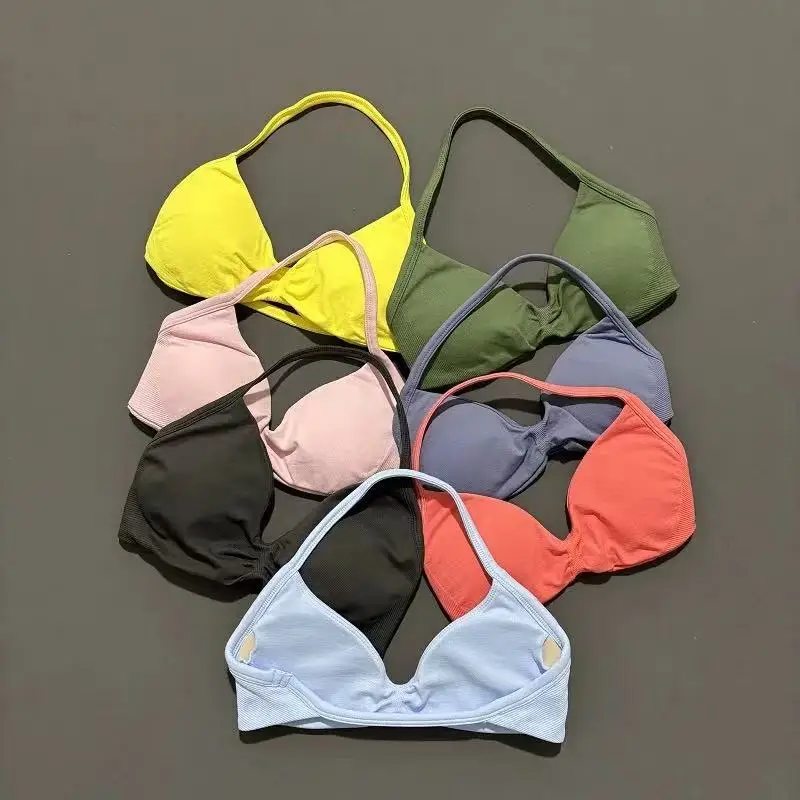 Sports Bra Strappy Backless Yoga Gym Bra Scrunch Push-up Removable Cups Women Workout Clothing Gym Top Halter Sport Bras