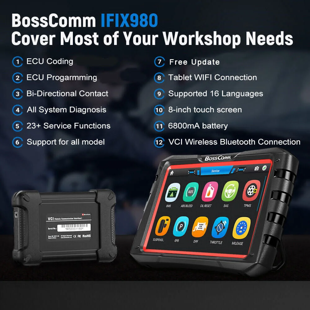 BOSSCOMM IFIX980 Car OBD2 Scanner Bluetooth All System Bidirectional Scan Tool 26+Resets Car Code Reader Diagnostic Tool