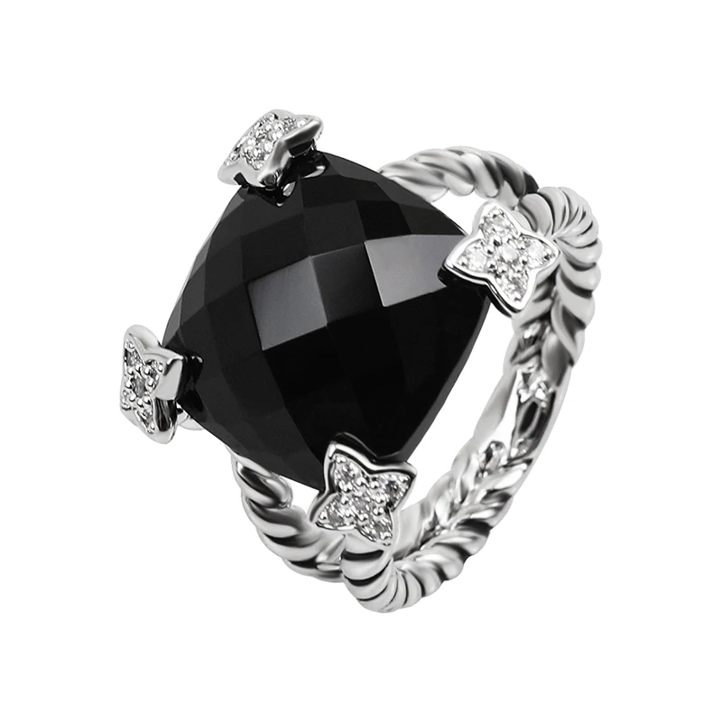 

15mm Cushion Cut Black CZ Statement Ring Stylish Chic Sparkling Star Four Prong Setting Design Personalized Twist Ring for Women