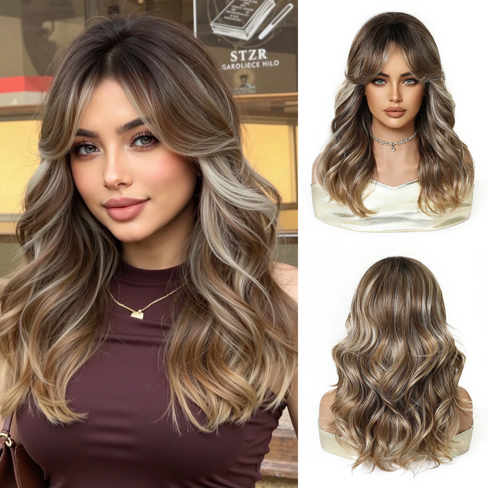 Brown Blonde Highlights Synthetic Wig Medium Length Wavy Wigs with Eight-character Bangs for Women Cosplay Lolita Daily Wigs
