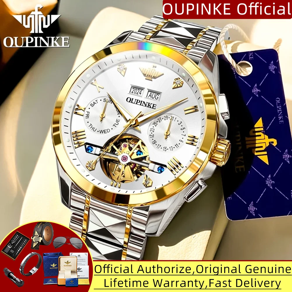 

Оригинальные автоматические механические часы OUPINKE для мужчин, высококачественные мужские часы-скелетоны с турбийоном, роскошные мужские наручные часы