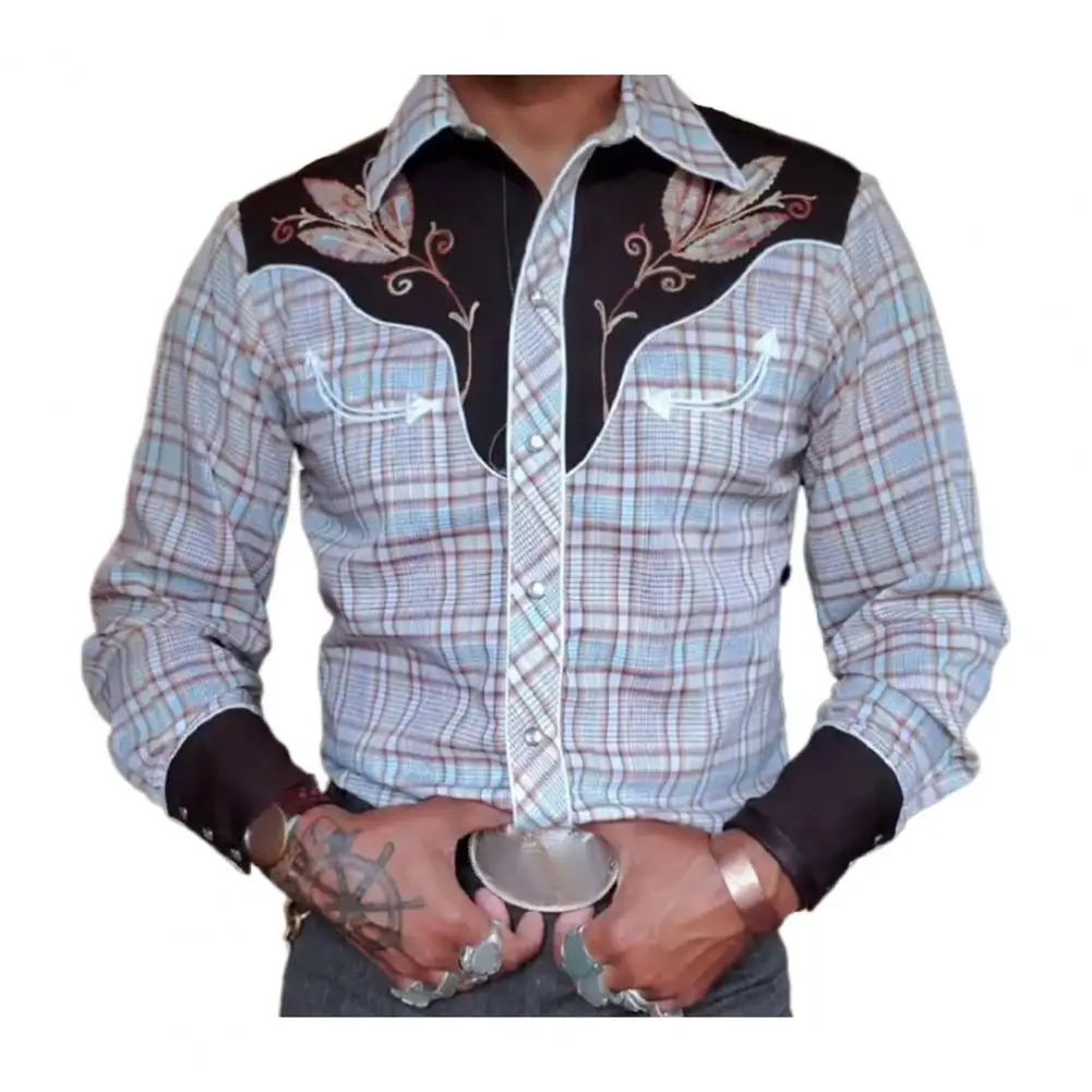 Long-sleeve Cowboy Shirt Vintage Western Cowboy Print Men\'s Slim Fit Shirt with Turn-down Collar Single-breasted for Casual