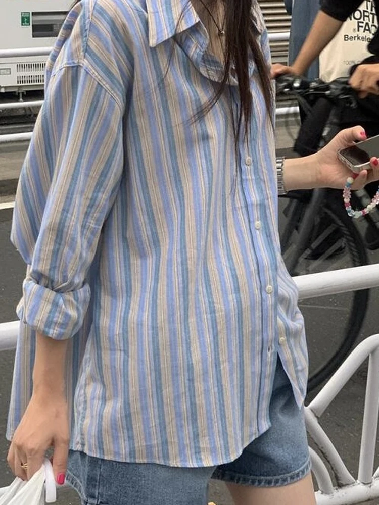 قميص نسائي فضفاض بأكمام طويلة وتصميم مخطط عتيق، ملابس خارجية كاجوال للربيع والخريف بياقة بولو، مريح وقابل للتنفس