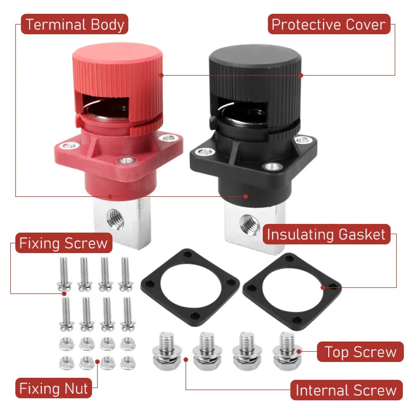 200A 400A Heavy Duty Copper Busbar Terminal M6M8 Threaded Stud, Through-Panel Mount Connector for Lithium Battery Energy Storage