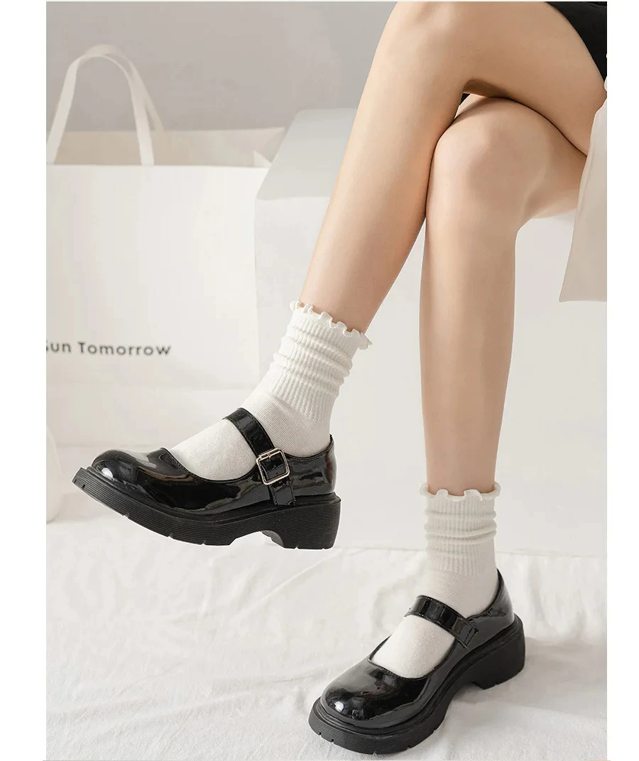 5/10 Paar Lot Socken für Frauen Rüschen Mittelrohr Knöchel Kurz Atmungsaktiv Schwarz Weiß Set Frühling Herbst – Detail 6