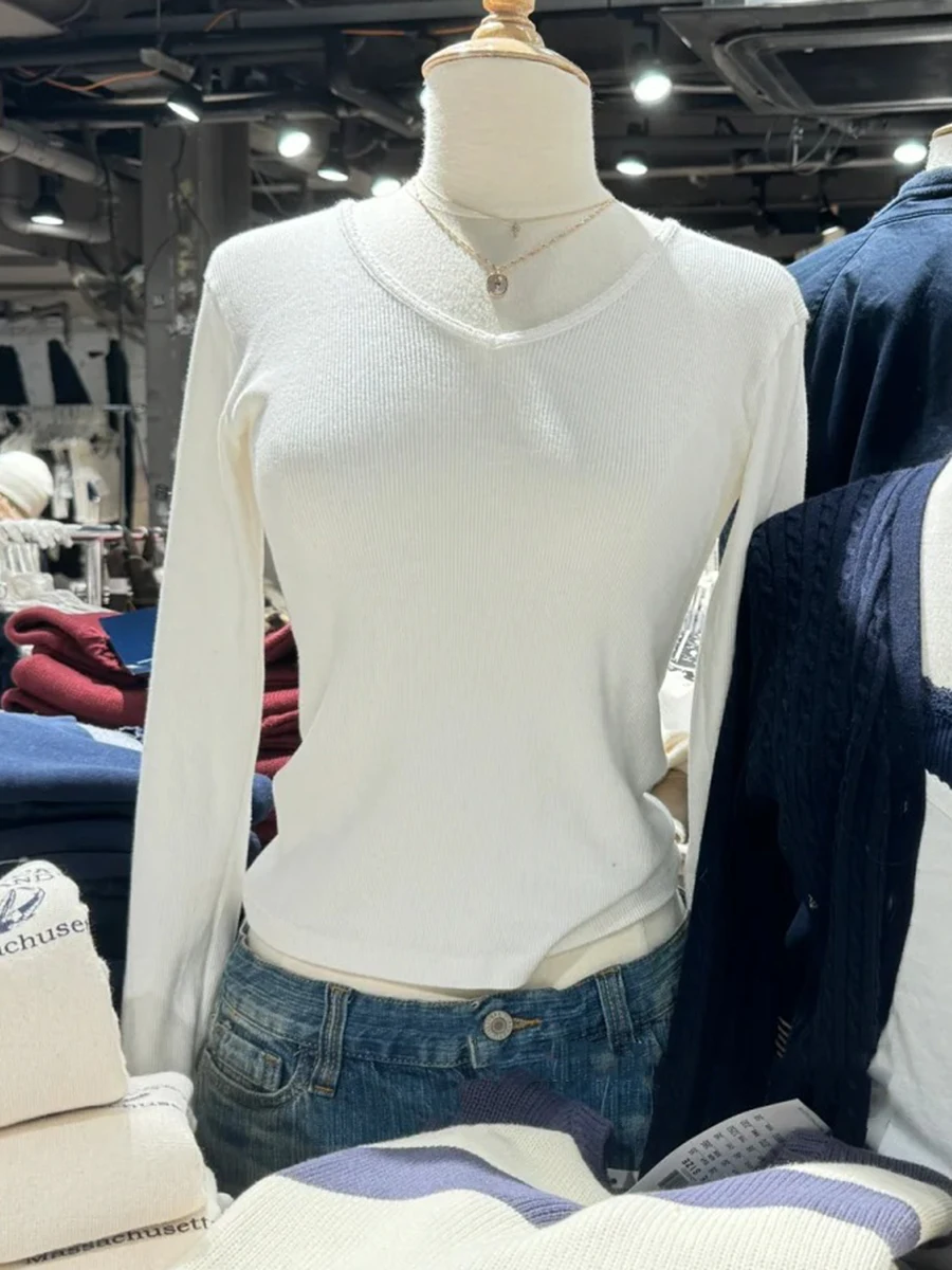 

Милые однотонные базовые футболки с v-образным вырезом и длинными рукавами, женские новые хлопковые мягкие простые повседневные облегающие топы, универсальные простые футболки, весенние